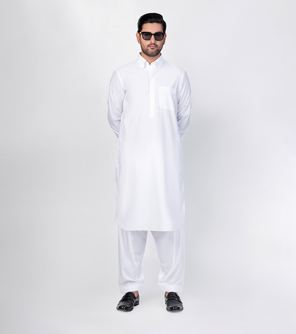 White Button Down Collar kameez shalwar