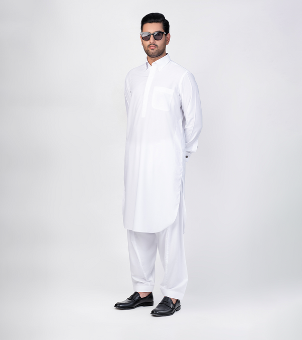 White Button Down Collar kameez shalwar side
